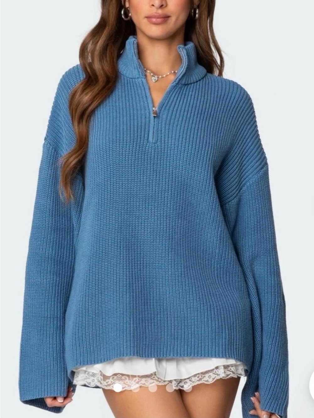 Edikted Chunky Ribbed High Zip Neck Oversized Blue Sweater size XL